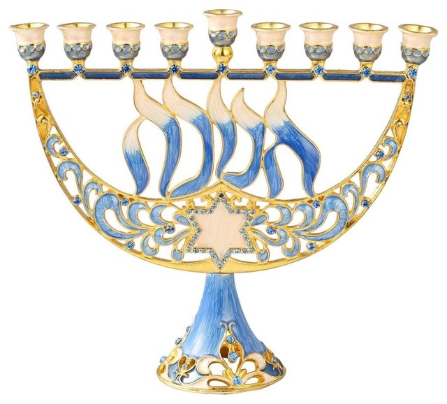 Modern Flow /& Star of David Design Matashi Hand Painted Enamel Menorah Candelabra Embellished with Gold Accents and Crystals