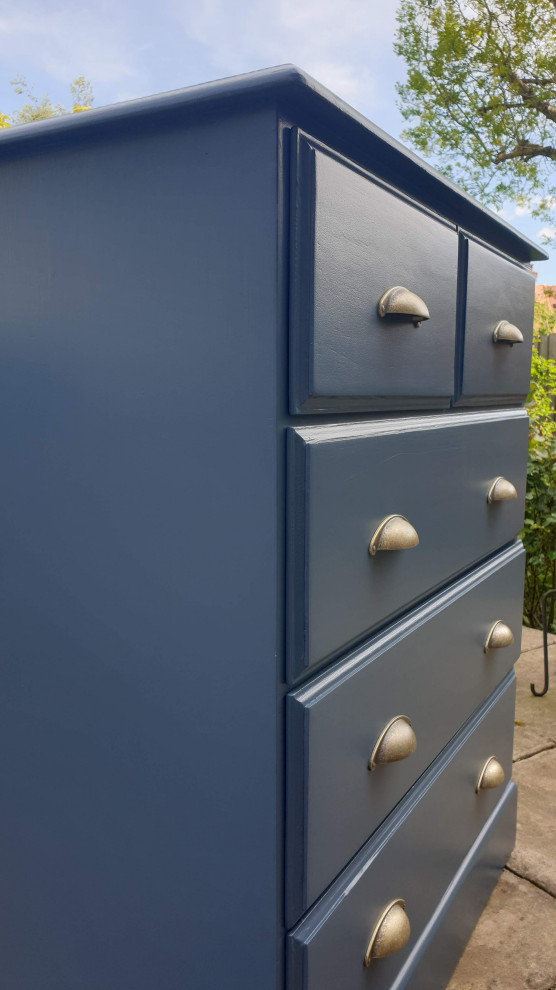 Cette image montre un placard dressing traditionnel de taille moyenne et neutre avec un placard à porte plane et des portes de placard bleues.