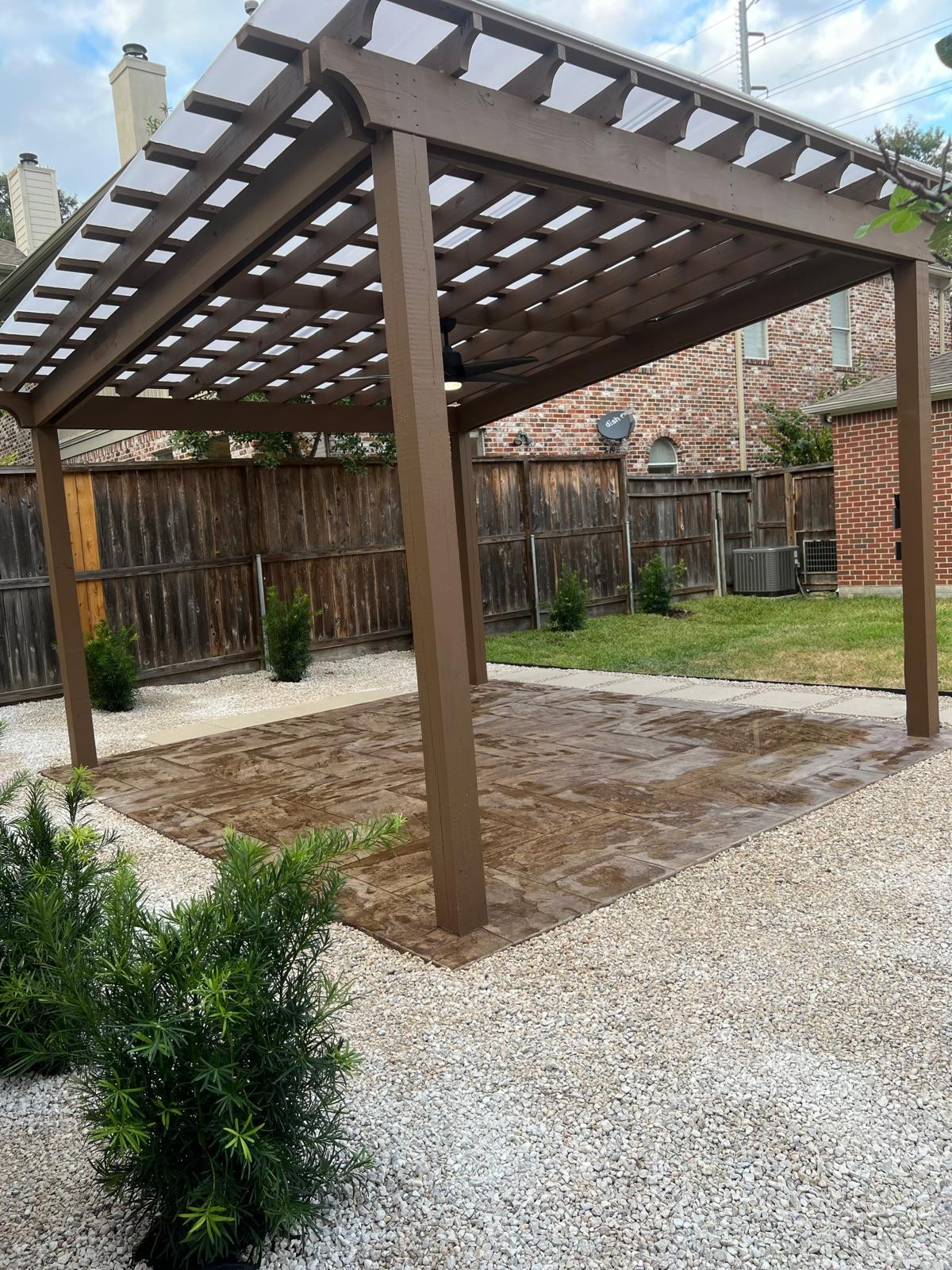 Beautiful stamped concrete patio with Pergola Cover on Haddon st!