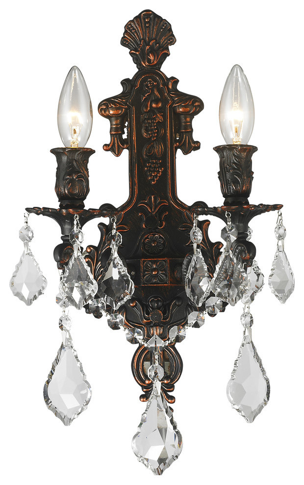 Traditional 2Light Antique Bronze Finish Clear Crystal Wall Sconce