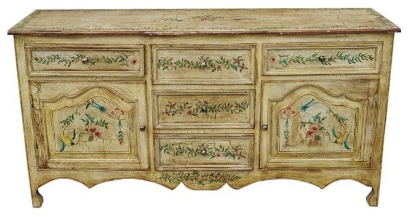 Antique Victorian Hand Painted Solid Wood Large Sideboard
