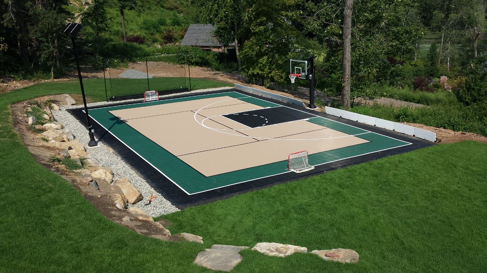 Inspiration for a large modern backyard full sun outdoor sport court in New York with with outdoor playset.