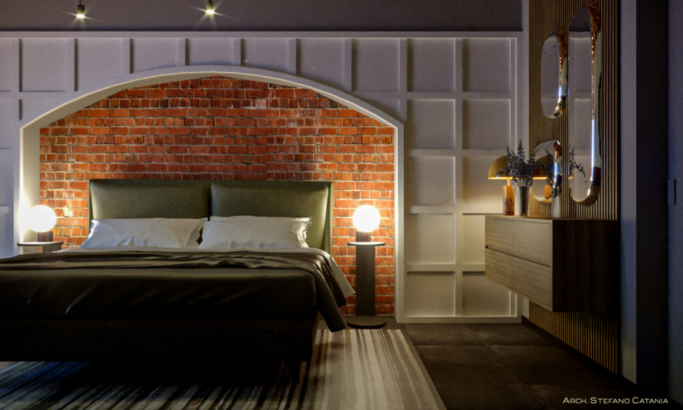На фото: хозяйская спальня в современном стиле с разноцветными стенами, полом из керамогранита, деревянным потолком, панелями на стенах и серым полом с