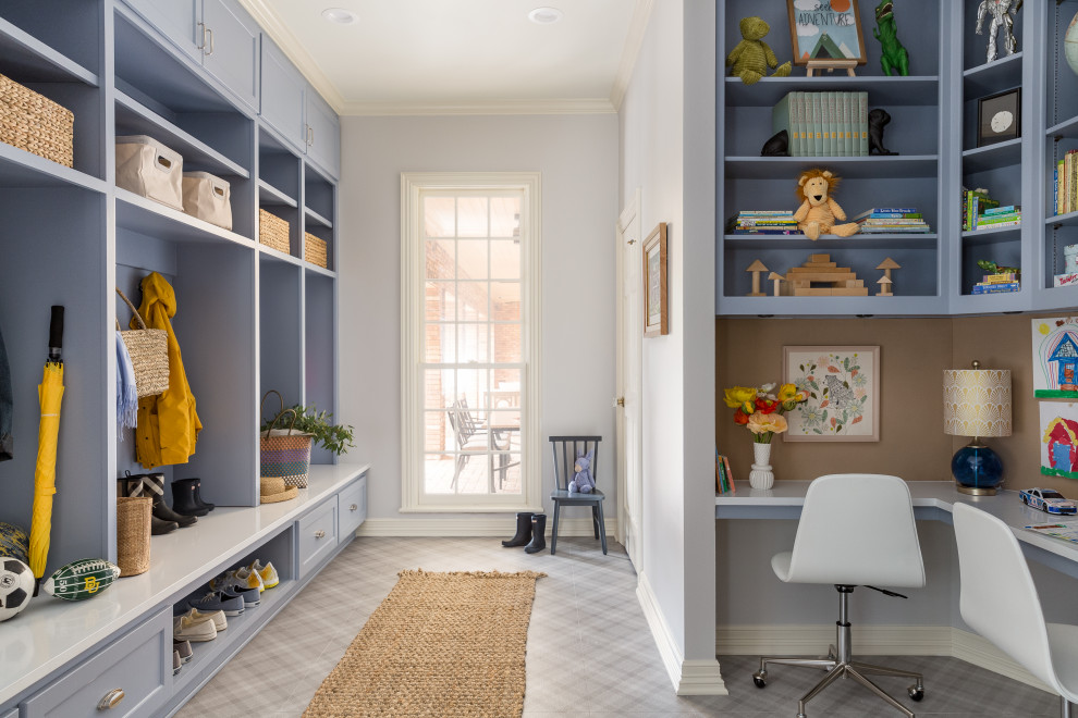 Design ideas for a transitional mudroom in Houston with grey walls and multi-coloured floor.