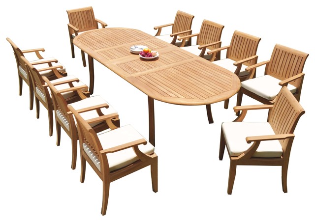 11 Piece Outdoor Teak Dining Set 117 Oval Extension Table 10 Lagos Arm Chairs