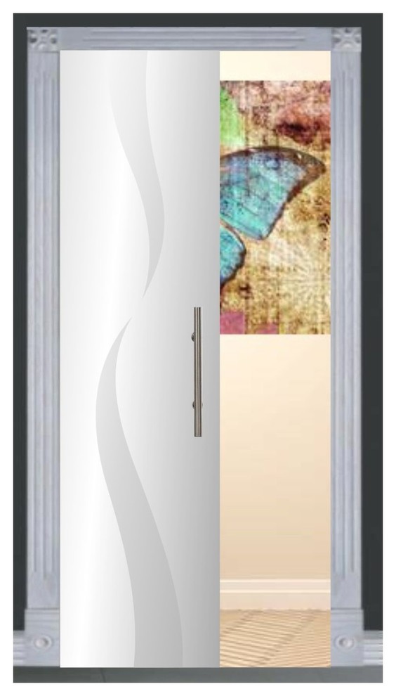 Pocket Glass Sliding Door With Modern Frosted Etched Design