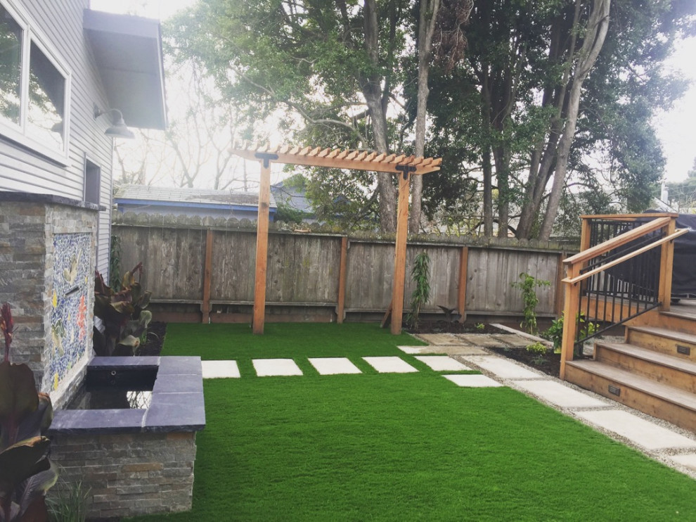 Mid-sized contemporary backyard partial sun garden in San Francisco with with lawn edging, brick pavers and a wood fence for summer.