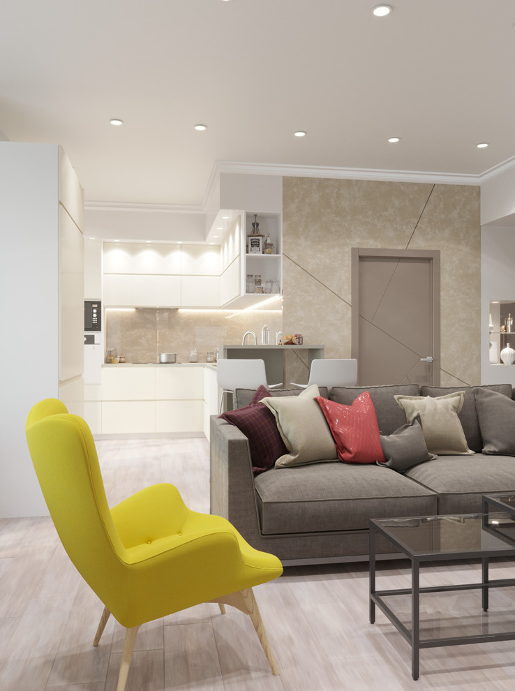 Кухня и гостиная. Дверь в ванную комнату.  Дизайн проект для многодетной семьи