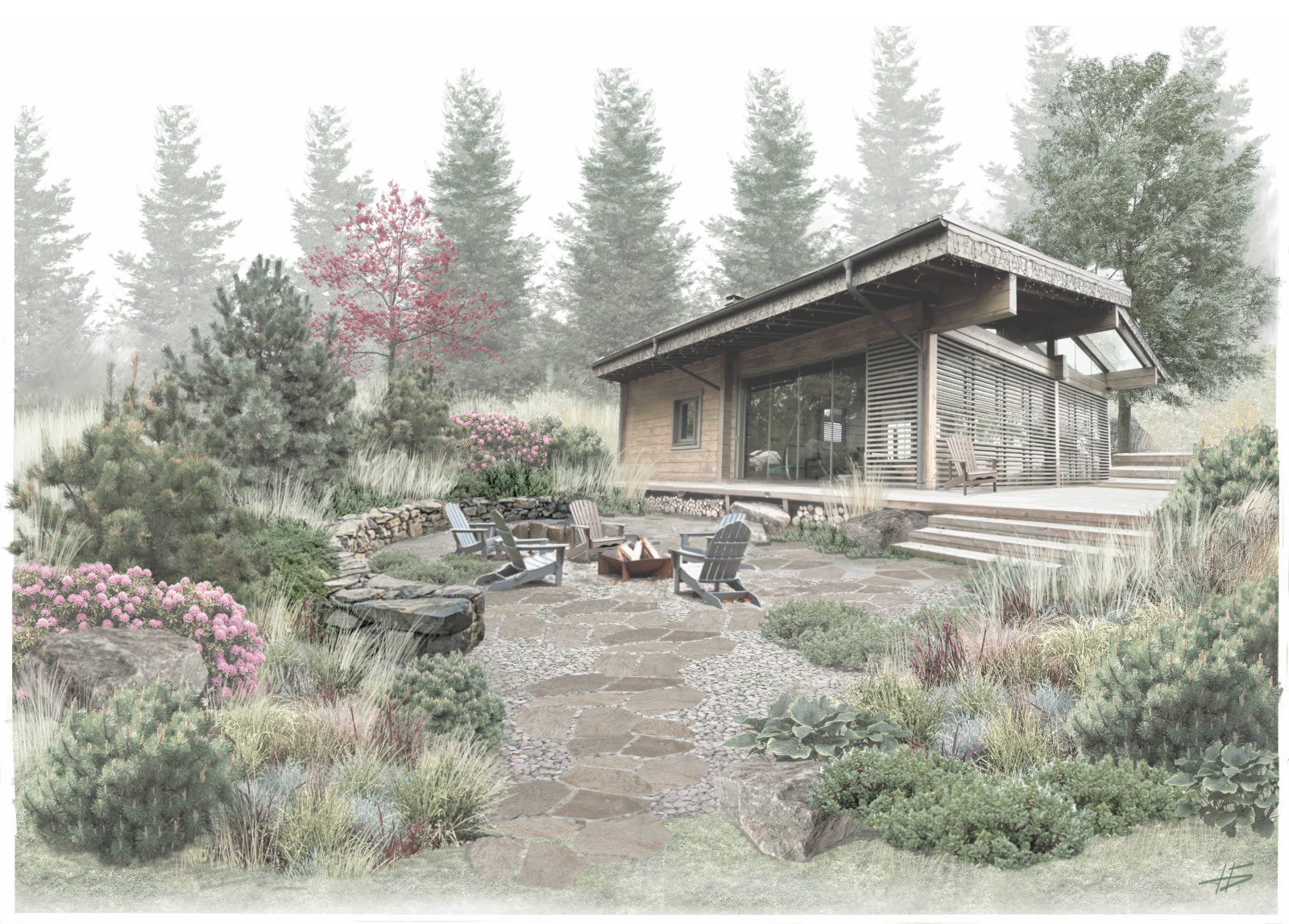 Визуализация зоны бани и костра