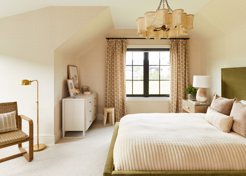 Design ideas for a mid-sized transitional bedroom in New York with beige walls, carpet, beige floor and wallpaper.