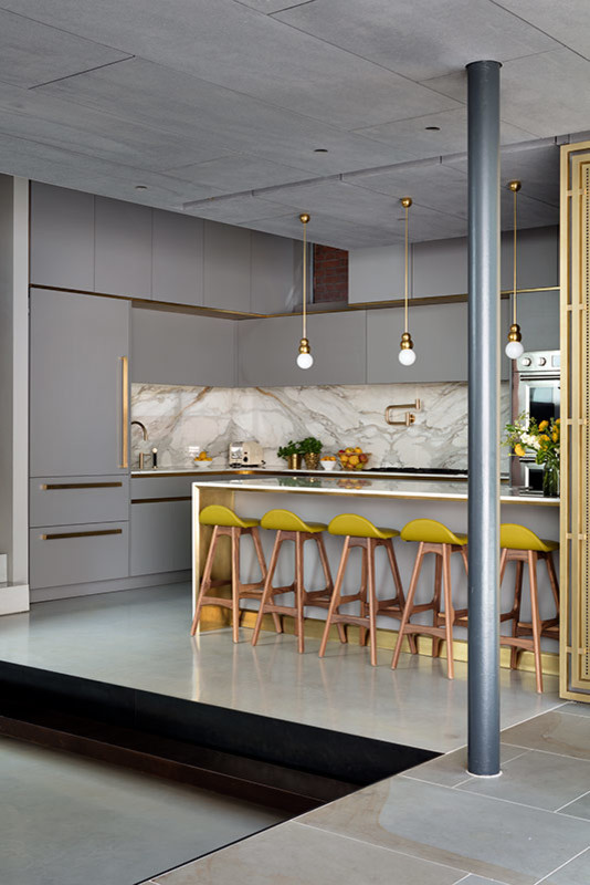 Design ideas for a large contemporary l-shaped open plan kitchen in London with a submerged sink, flat-panel cabinets, grey cabinets, marble worktops, white splashback, marble splashback, stainless steel appliances, concrete flooring, an island, grey floors and white worktops.