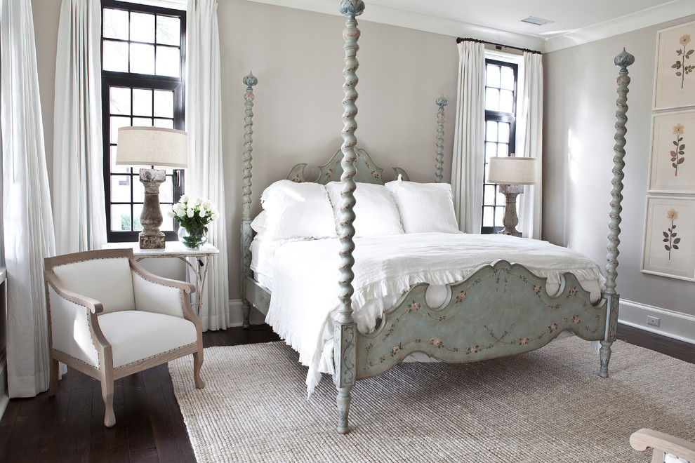 Design ideas for a traditional bedroom in Charleston with grey walls and dark hardwood floors.