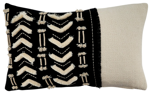 Poly Filled Throw Pillow Embroidered and Embellished, 12"x20", Black/White