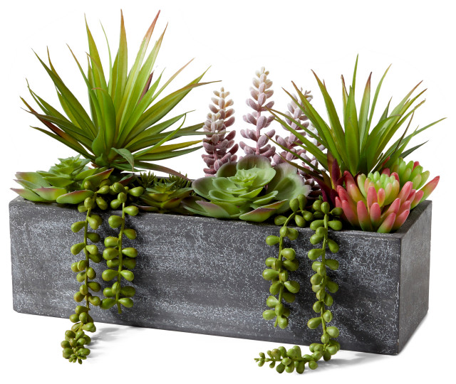 Mixed Succulents In Rectangular Planter, 12" Tropical Artificial