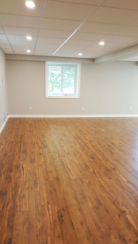 Basement - large transitional walk-out laminate floor and brown floor basement idea in Toronto