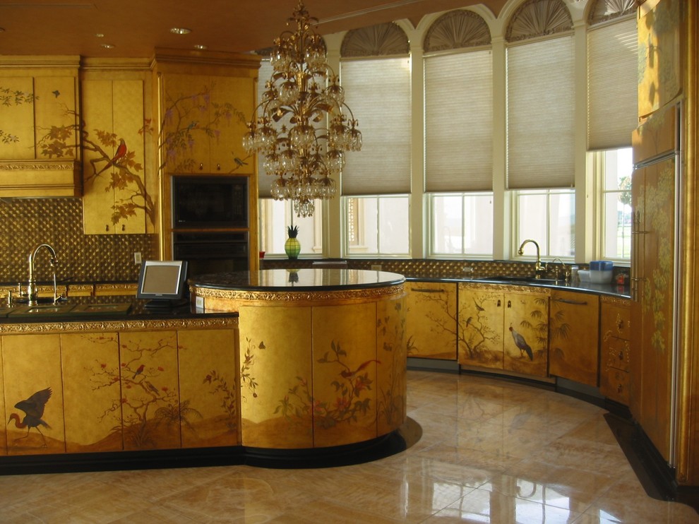 Eclectic eat-in kitchen photo in New Orleans with an undermount sink, flat-panel cabinets, granite countertops, metallic backsplash, metal backsplash, paneled appliances and an island