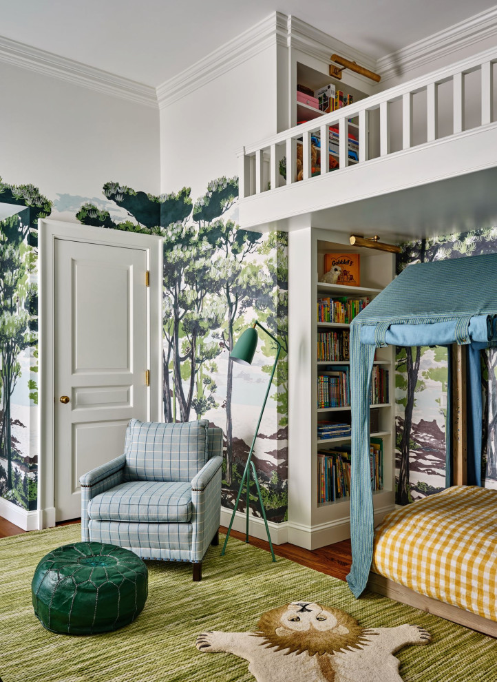 Rye Colonial - Bedroom elegant boy dark wood floor, brown floor and wallpaper kids' bedroom photo in New York with multicolored walls
