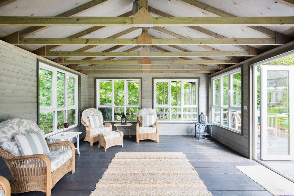 Country sunroom in Other with dark hardwood floors and a standard ceiling.