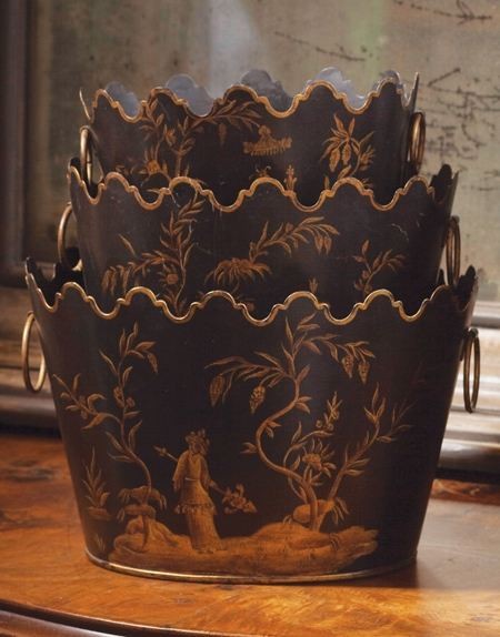 Hand Painted Black Chinoiserie Cachepots