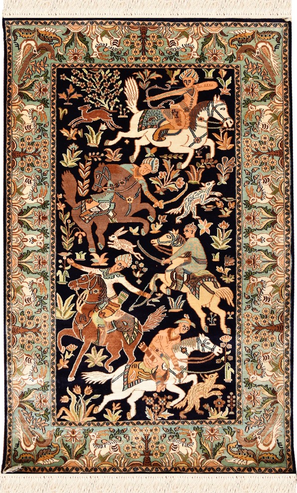 2 5 X4 Navy Pure Silk Rug Hunting Scene Rugs Wall Art Wallhanging