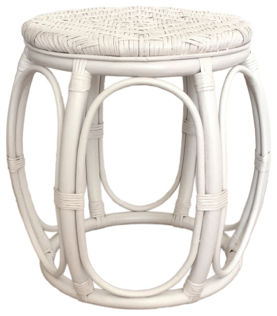 Rattan Round Stool Larry, White Wash, 18"