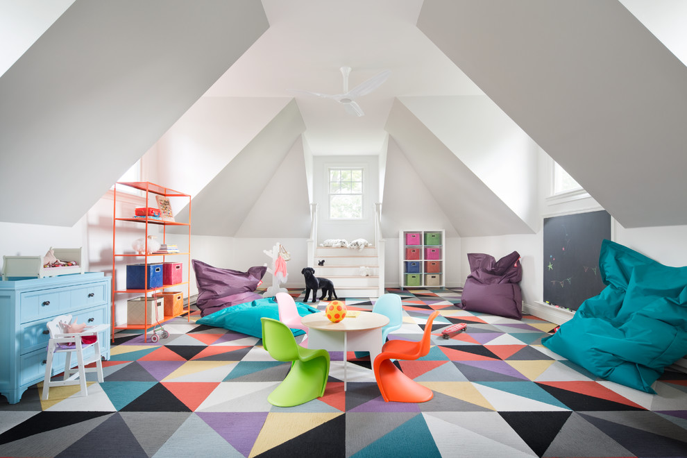Eclectic gender-neutral kids' playroom in New York with carpet, white walls and multi-coloured floor for kids 4-10 years old.