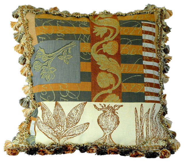 French Botanical green gold Tapestry Decorative Throw Pillow