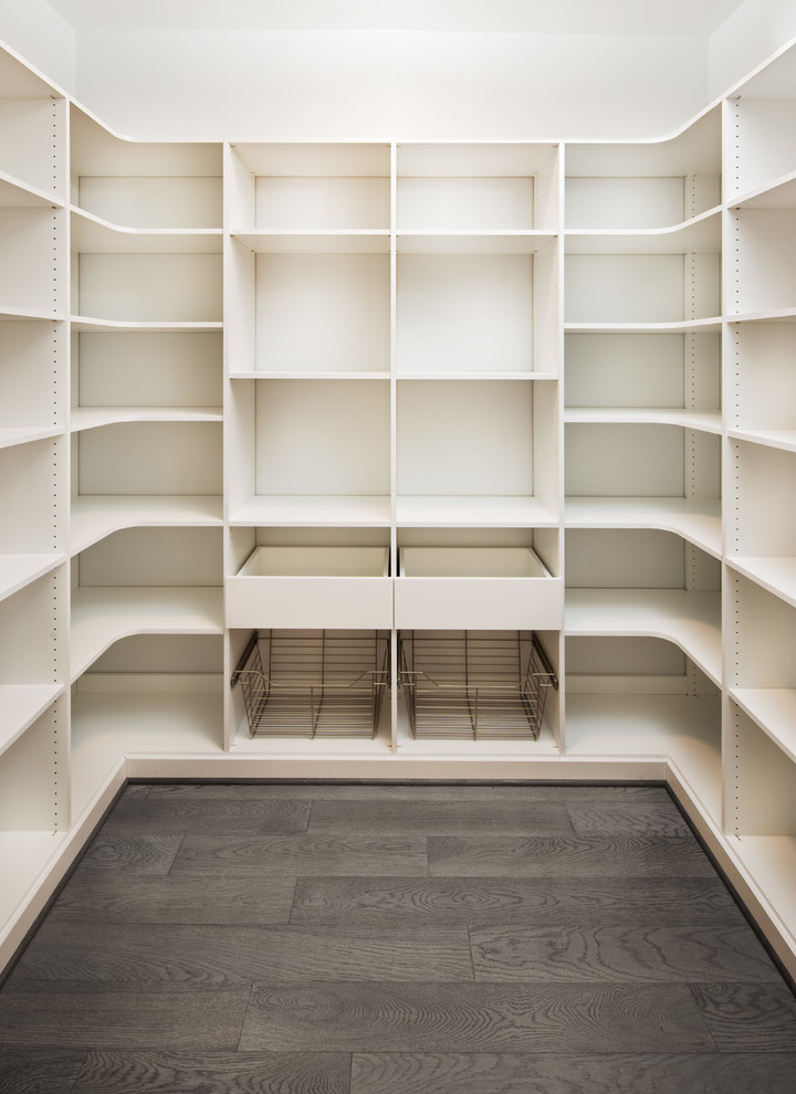 Design ideas for a large modern gender-neutral walk-in wardrobe in DC Metro with flat-panel cabinets, light wood cabinets, light hardwood floors and brown floor.