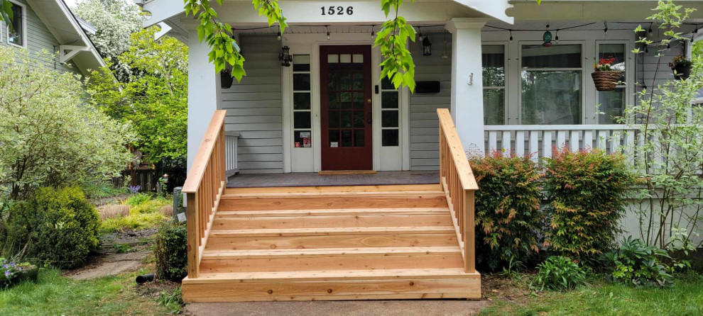Cedar front steps with cedar railing
