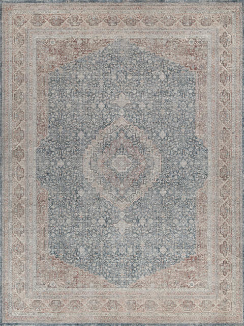 Heritage Power Loomed Polyester and Acrylic Light Blue/Navy Area Rug, 2'6"x12'