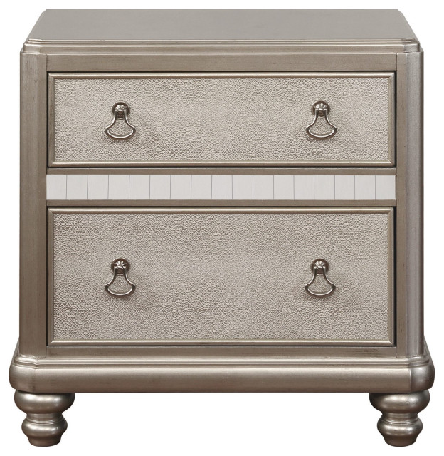 Contemporary Nightstand, 2 Drawers With Unique Pull Handles, Metallic