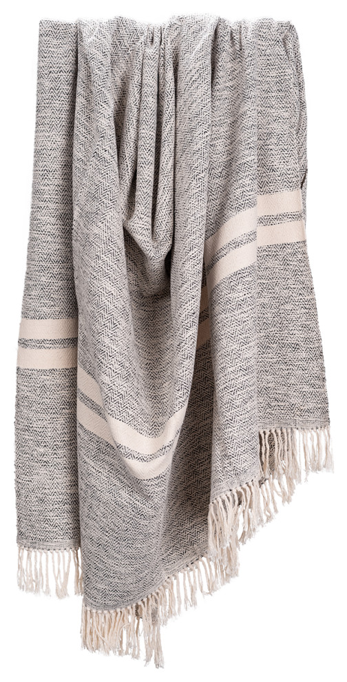 Herringbone Cotton Throw, Grey and Natural Stripes, Small