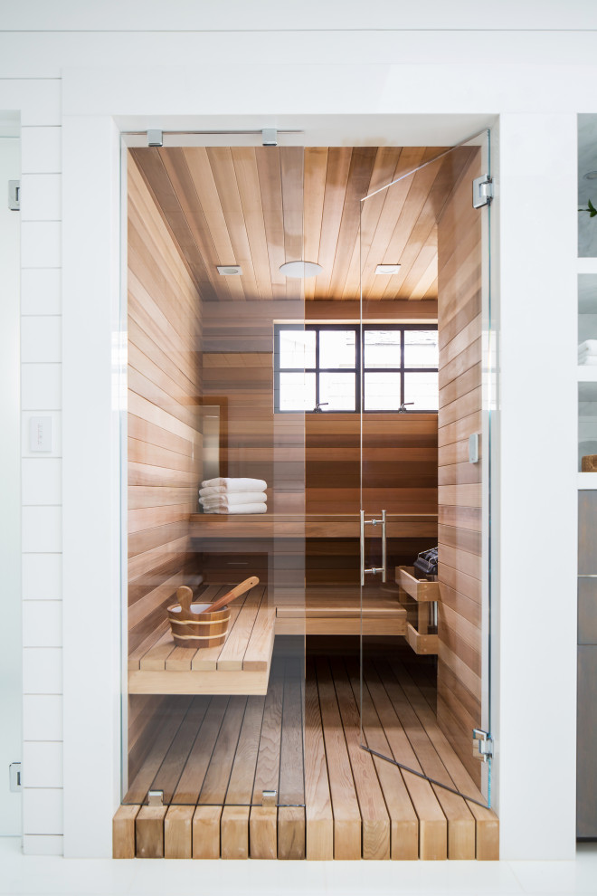Mid-sized beach style bathroom in Orange County with white walls and with a sauna.