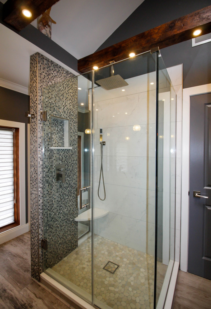 Inspiration for a large contemporary master bathroom in New York with beaded inset cabinets, white cabinets, an open shower, a two-piece toilet, white tile, porcelain tile, grey walls, porcelain floors, an undermount sink, engineered quartz benchtops, grey floor, a hinged shower door, white benchtops, a double vanity and a built-in vanity.