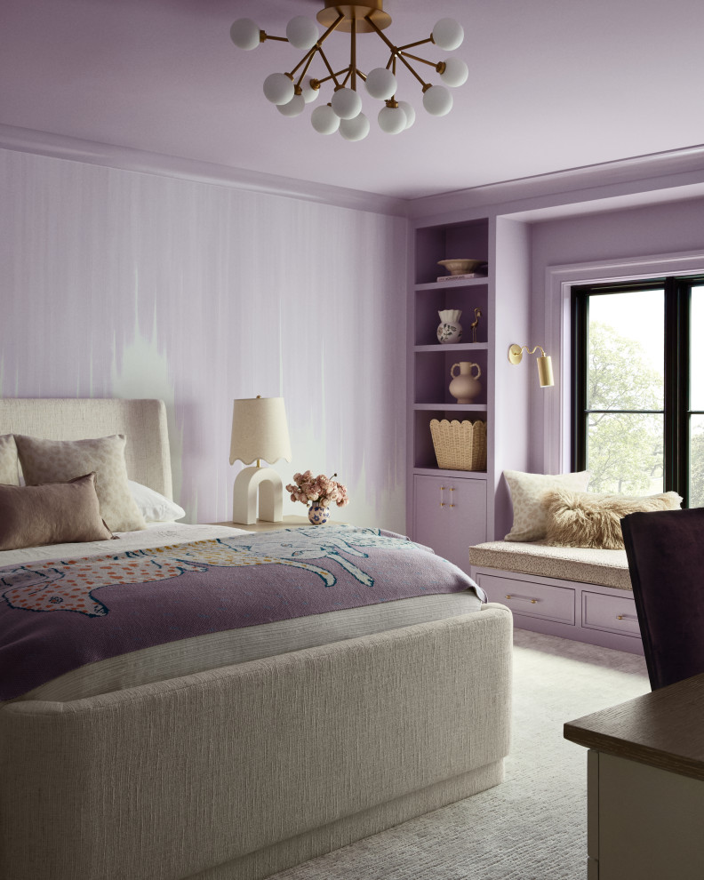 Cheswold - Kids' bedroom - bedroom transitional girl carpeted, gray floor and wallpaper kids' bedroom idea with purple walls