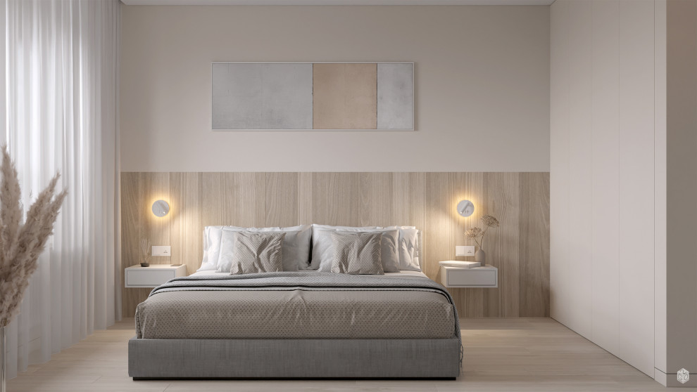 Imagen de dormitorio principal y blanco y madera actual pequeño sin chimenea con paredes blancas, suelo de madera en tonos medios y suelo beige