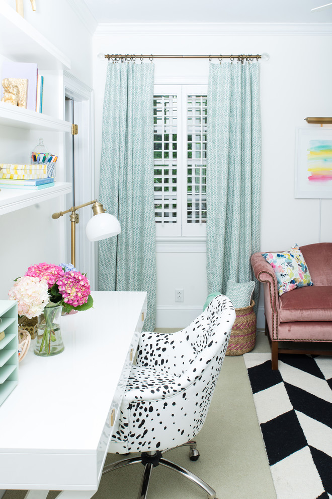 Mid-sized modern kids' room in Charlotte with white walls and carpet for girls.