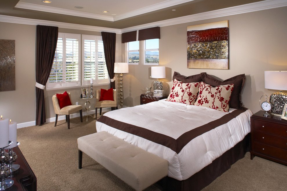 Design ideas for a large transitional master bedroom in San Francisco with beige walls and carpet.