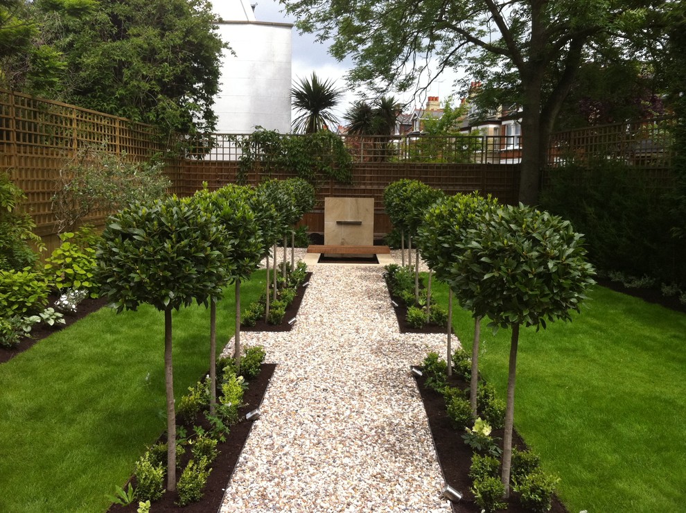 Design ideas for a mid-sized contemporary backyard formal garden in Other with a water feature and gravel.