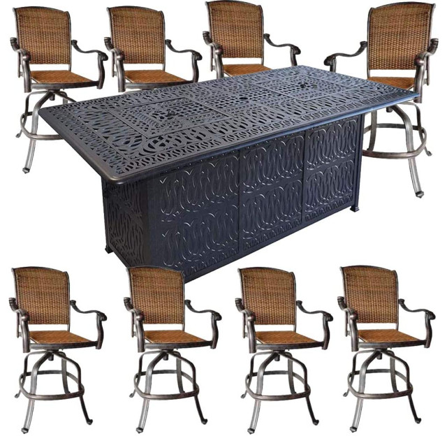 9Piece Patio BarHeight Dining Set With Fire Table Outdoor Wicker