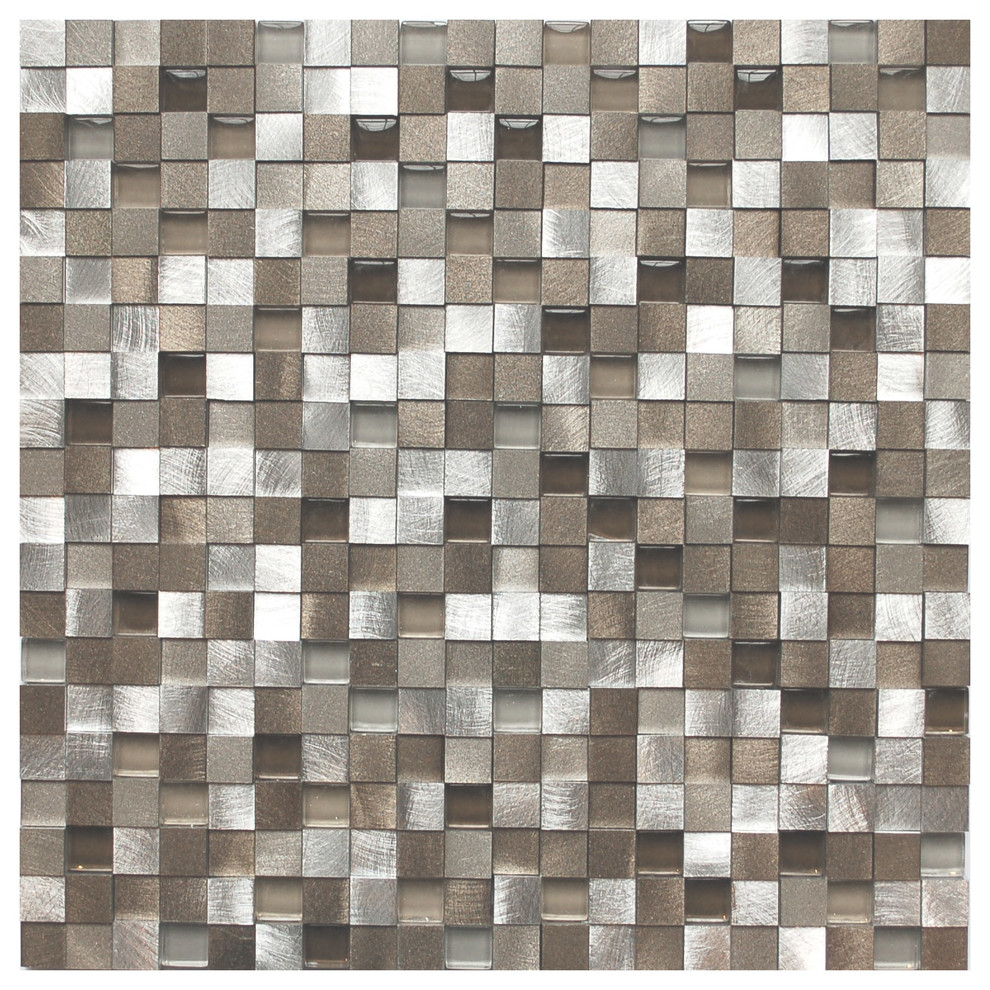 11.8"x11.8" 3D Silver and Pewter Aluminum Square Mosaic Tile, Single Sheet