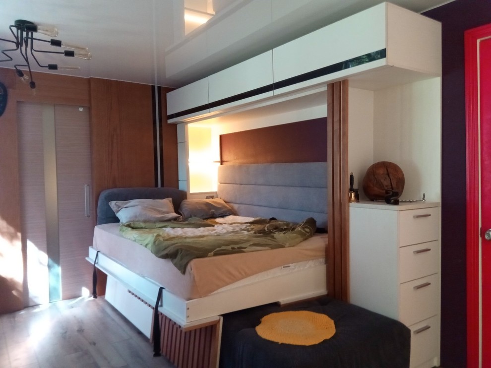 шкаф кровать с диваном и  декором из ясеня