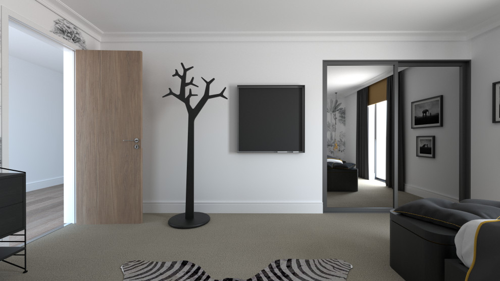 Idées déco pour une chambre grise et noire contemporaine de taille moyenne.
