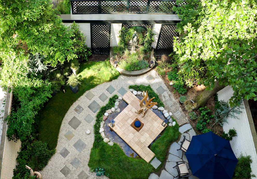 Inspiration for a large asian backyard garden in New York with a water feature and decking.