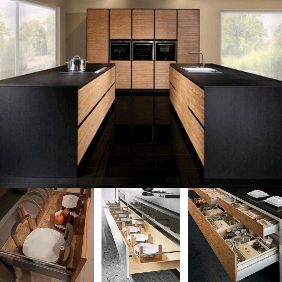 Large contemporary galley kitchen pantry in Los Angeles with an undermount sink, flat-panel cabinets, light wood cabinets, quartz benchtops, black appliances, porcelain floors, multiple islands, black floor and black benchtop.