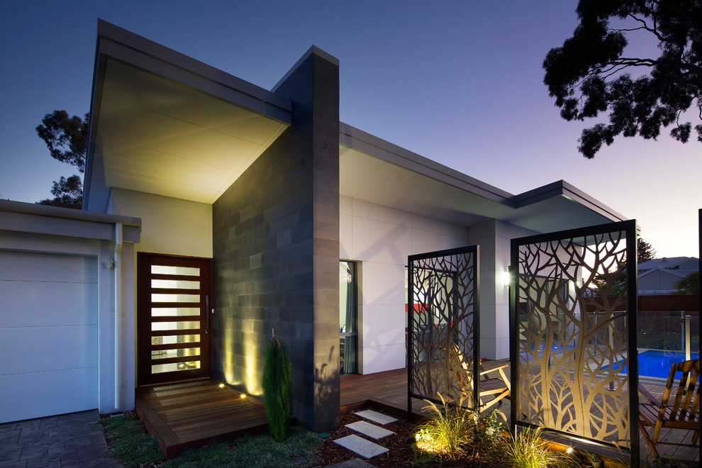 Mid-sized contemporary front door in Perth with grey walls, medium hardwood floors, a single front door and a medium wood front door.