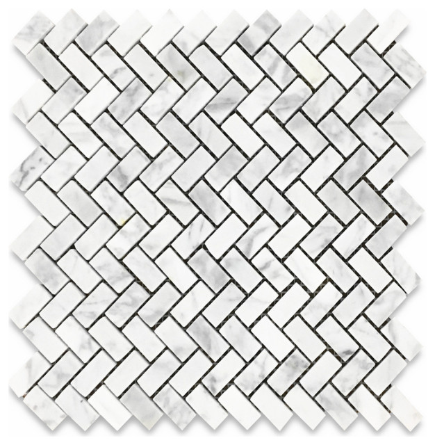 Mini Herringbone Tile Carrara Venato White Mosaic Marble Polished, 1 sheet