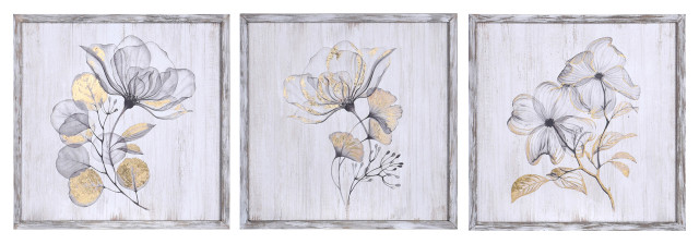 Flower Trio Prints With Gold Painted Accents Antique Wood Frames Set of 3