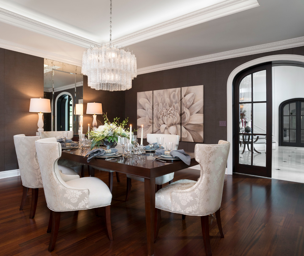 Inspiration for a large transitional kitchen/dining combo in Detroit with brown walls and dark hardwood floors.
