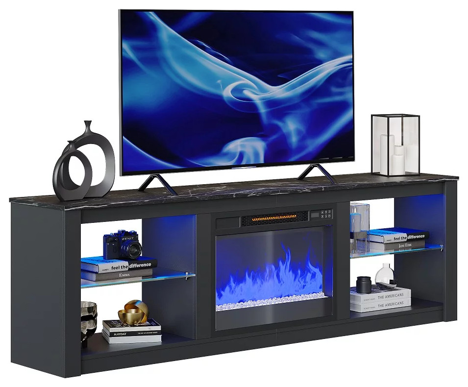 Modern TV Stand, Fireplace & Glass Shelves With RGB LED Lighting